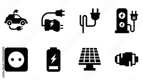 Electric vehicle charging icons set: silhouette style for renewable energy