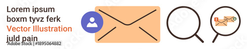 Information sharing, contact search, correspondence, email services, digital communication, networking. Envelope, user symbol magnifying glass highlighting an envelope. Email services and contact