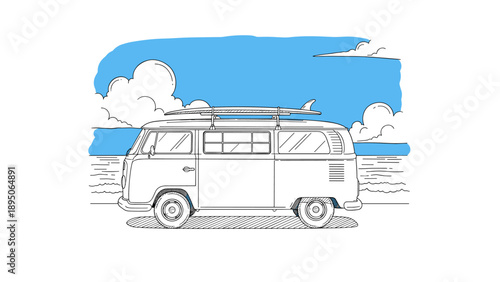 Retro camper van with surfboard by the ocean in simple line art style