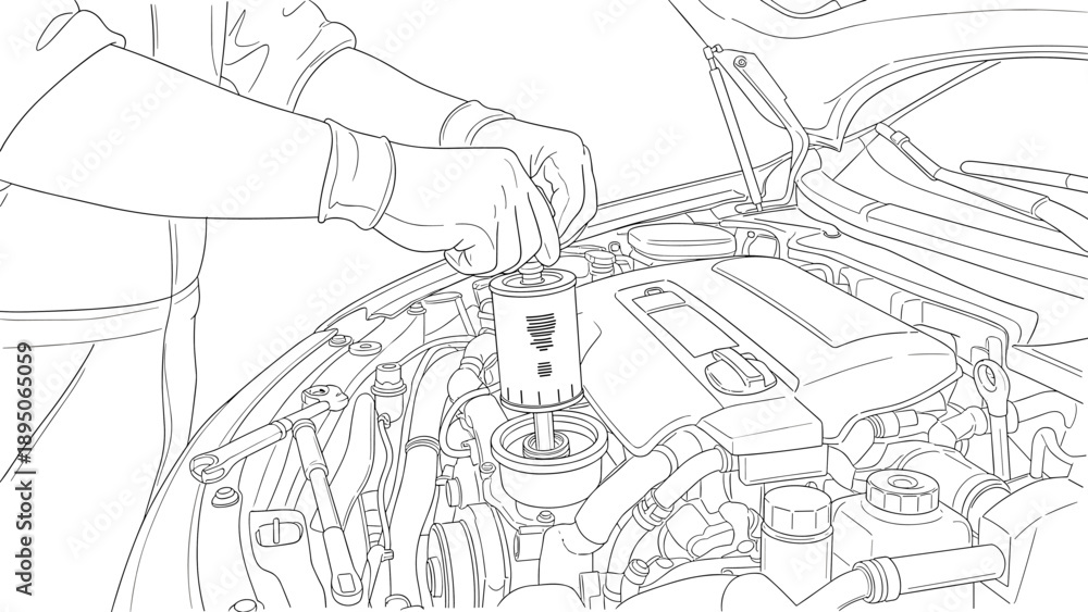 Obraz premium Mechanic replacing car engine oil filter in detailed line art