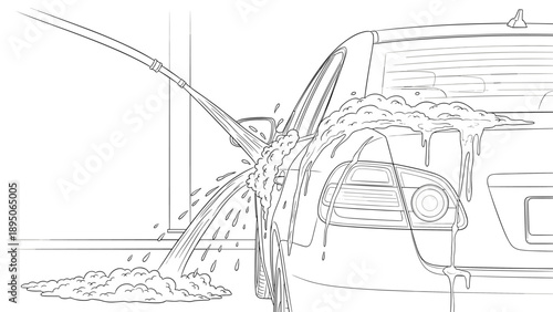 Car wash line art: rear view with soap and water