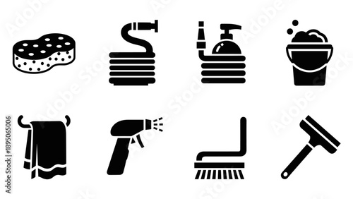 Cleaning tools icon set: bold black silhouette designs for home and professional use