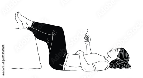 Woman relaxing on back with phone on legs reading or browsing