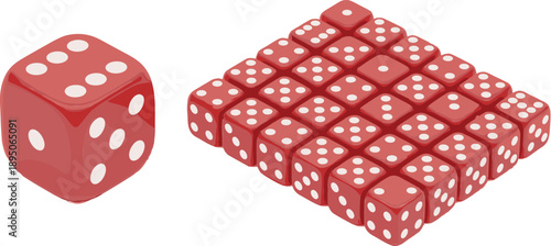Realistic red glossy dice set with white pips, single isolated 3D die and large grid of multiple cubes for gambling and probability.