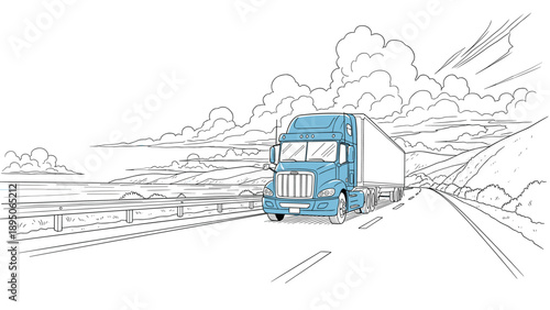 Blue truck on highway with scenic background in linear style