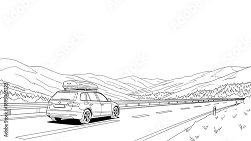 Scenic road trip: car on mountain highway in linear black and white art style