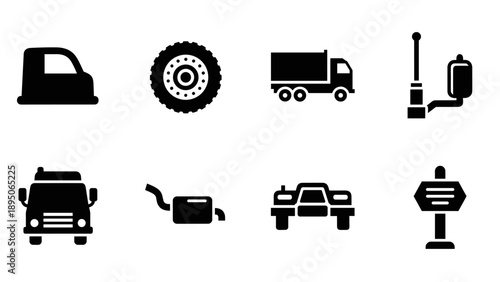 Silhouette icons of trucking elements including tires, trucks, and traffic signs