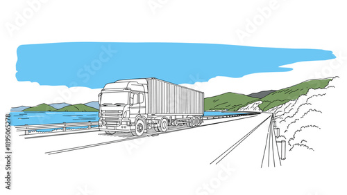 Scenic highway journey: container truck on coastal road under clear blue sky