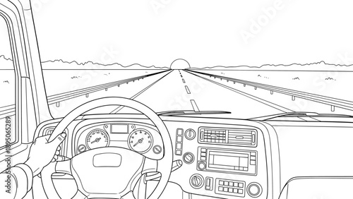 Monochrome desert highway view from truck cabin with sunset horizon