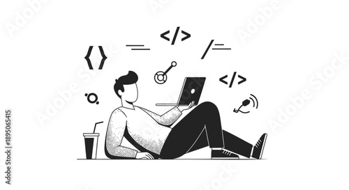Man sitting relaxed with laptop and coding symbols around him