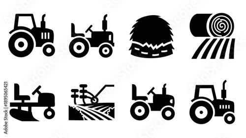 Silhouette of farm equipment and hay bales in iconic tractor design collection