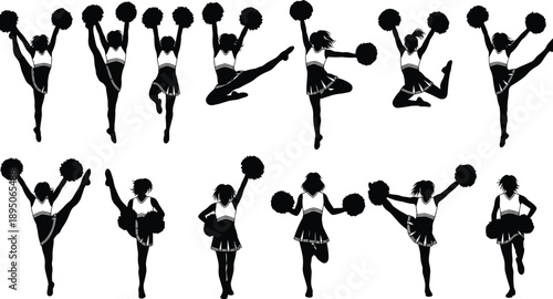 Vector Silhouette Collection of Professional Cheerleaders with Pompoms Featuring Diverse Jumping Dancing and Stunting Poses for Sports Team Spirit and Performance Design