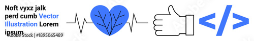 Healthcare innovation, coding, approval, digital services, tech integration, data sharing. Heart with a pulse, thumbs-up and coding brackets. Healthcare innovation and coding concepts