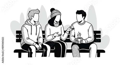 Friends sitting on a bench sharing a moment with coffee and conversation outdoors