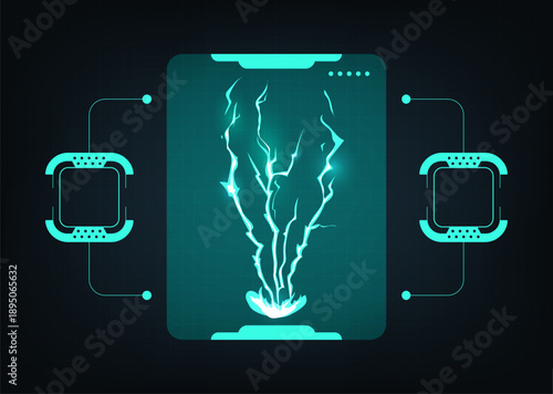 Energy surge display. Futuristic panel with neon lightning, energetic stream in holographic cyber frame, indicating power flow, voltage status and system diagnostics. isolated illustration