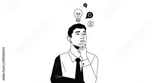 Businessman thinking with lightbulb and money symbols above head ideas and finance concept