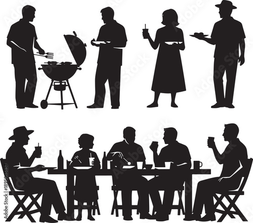 Flat Vector BBQ Party and Dining Scene with Friends and Family Silhouettes
