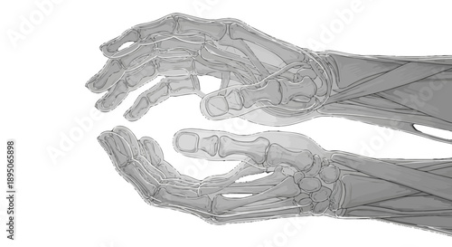 Detailed X-ray view of human hands and wrists showing skeletal structure.