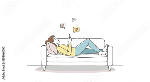 Woman relaxing on couch with smartphone and social media notifications