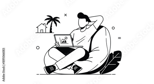 Man relaxing with laptop on vacation enjoying leisure and remote work in a tropical setting