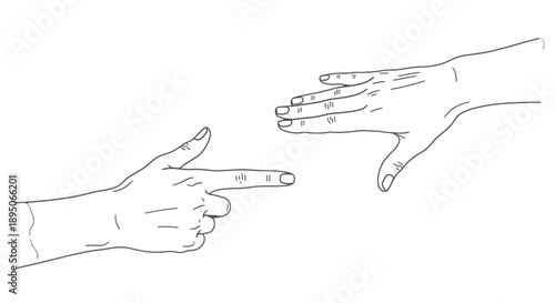 Two hands reaching out to touch fingertips in a minimalist line drawing.