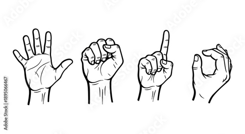 Hand gestures illustration set with various finger positions.