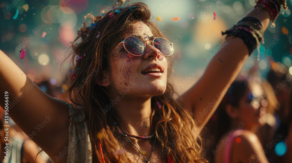 Obraz premium Young woman enjoying a vibrant outdoor music festival with raised arms, colorful lights and joyful energy, celebrating freedom, live music, summer, youth culture and unforgettable moments
