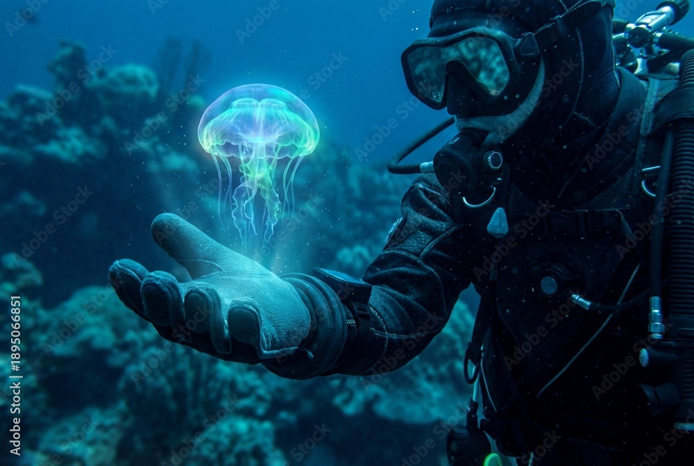 Fototapeta premium Deep sea diver with holographic jellyfish in ocean environment