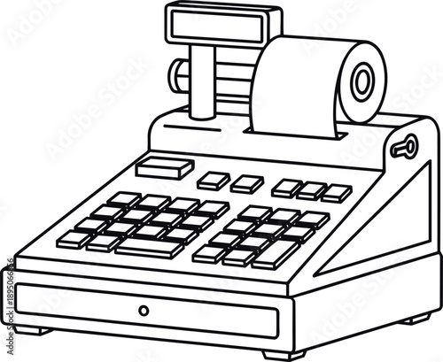 Vintage cash register line art vector illustration, retro mechanical checkout till with receipt paper isolated on white background.