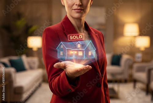 Female real estate agent holding sold house hologram in palm