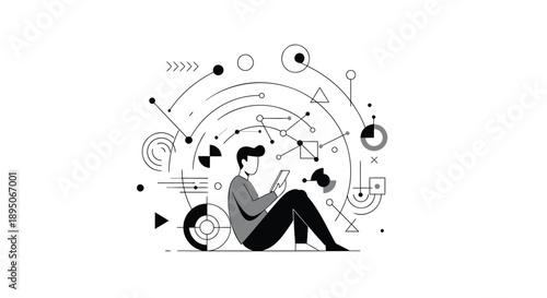 Man sitting with tablet surrounded by abstract geometric shapes and symbols