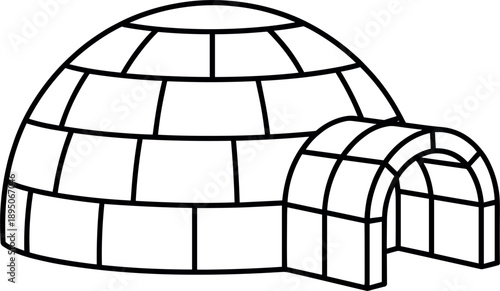 Minimalist igloo line art vector illustration, traditional arctic ice house snow shelter icon isolated on white background for winter design.