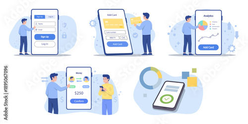 Flat Style Mobile Banking and Fintech Illustration Set Scene