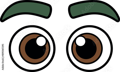 Simple cartoon eyes with brown irises and green eyebrows, expressive round eyeballs character facial feature vector isolated on white background.