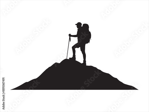 Black and white silhouette of a hiker climbing a mountain peak vector, Hiker climber at mountain top summit black silhouette vector illustration 
