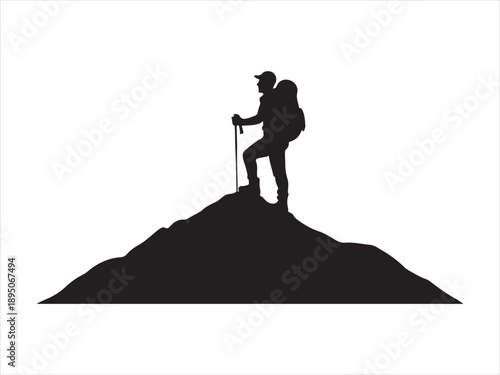 Black and white silhouette of a hiker climbing a mountain peak vector, Hiker climber at mountain top summit black silhouette vector illustration 
