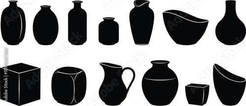Modern ceramic vase silhouettes collection, abstract pottery shapes, minimalist home decor objects, black and white vector illustration set, isolated on white background