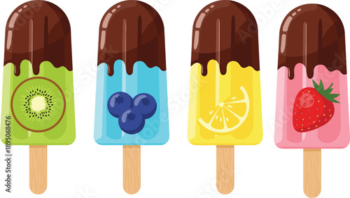Set of colorful fruit popsicles with chocolate glaze, kiwi blueberry lemon and strawberry ice cream on wooden sticks, summer dessert vector illustration, isolated