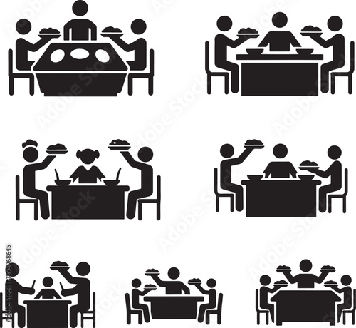Black Silhouette Icons of People Dining and Serving Food at Tables