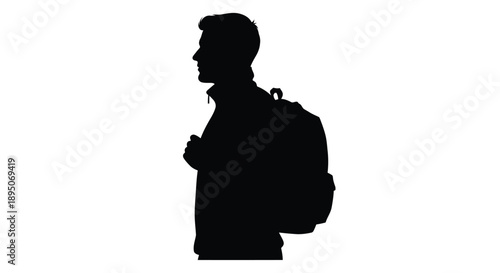 A black silhouette of a man with a backpack side view silhouette