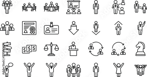 Business leadership and human resources line icon set featuring teamwork corporate management recruitment presentation legal balance and successful professional employee career growth symbols