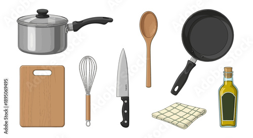 Kitchen utensils and cooking essentials neatly arranged on a clean surface, showcasing various tools for food preparation and culinary activities from a straightforward viewpoint