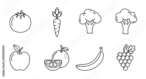 Line drawing of various fruits and vegetables minimal style silhouette