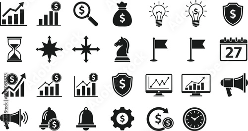 Black silhouette business and finance icon set featuring growth charts money bags strategy light bulbs and security symbols for professional corporate financial branding design