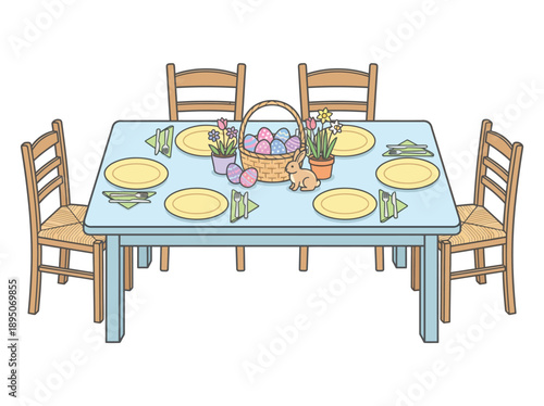 An illustration of a light blue dining table set for an Easter celebration with six place settings, an Easter basket, eggs, a bunny, and spring flowers.