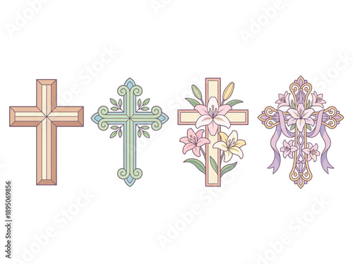 A collection of four decorative Christian crosses, each with unique designs ranging from simple outlines to ornate floral and ribbon embellishments, set against a white background.