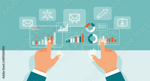 Hands interacting with a futuristic transparent digital interface displaying business data analytics, charts, graphs, and application icons for modern technology and workflow management.