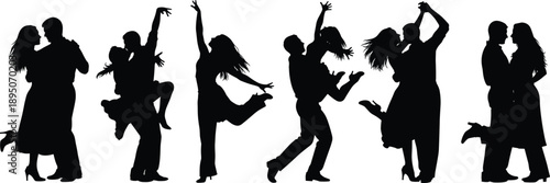 Silhouette of multiple romantic dancing couples performing expressive ballroom and Latin dance movements, celebrating love, passion, rhythm, and 