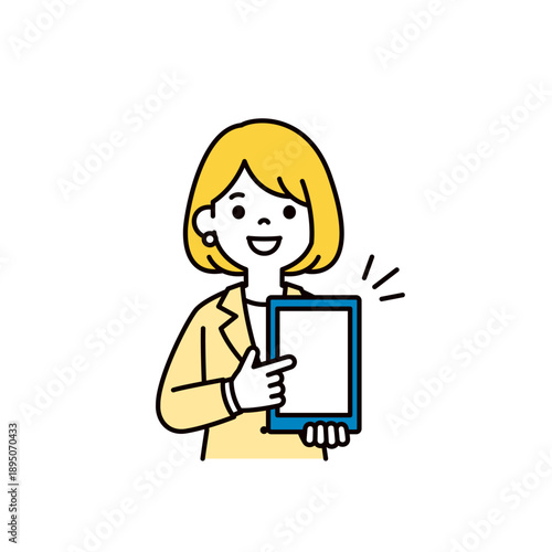 タブレットで説明する若い女性社員・講師・販売員のシンプルな上半身ベクターイラスト素材