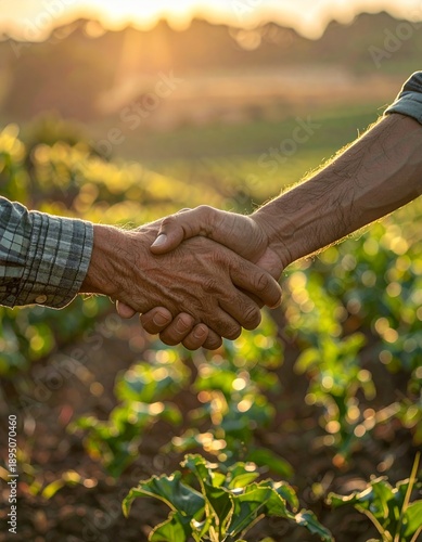 Farmers shaking hands in a field at sunset, symbolizing partnership and agreement in agriculture.
